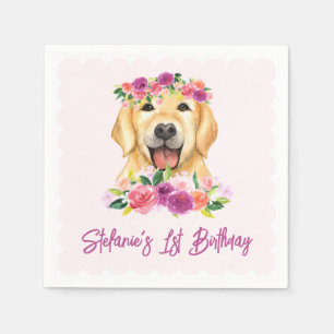 Cute Golden Retriever and Purple Flowers Birthday Napkins