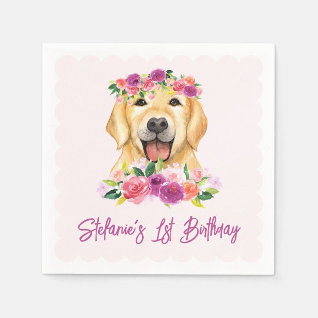 Cute Golden Retriever and Purple Flowers Birthday Napkins (Front)