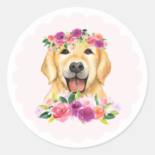 Cute Golden Retriever and Purple Flowers Dog Classic Round Sticker