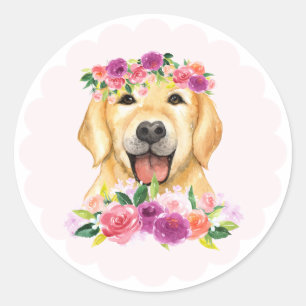 Cute Golden Retriever and Purple Flowers Dog Classic Round Sticker