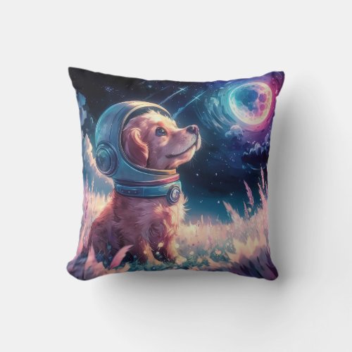 Cute Golden Retriever as Astronaut in Rainbow Moon Throw Pillow