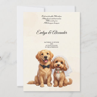 Cute Golden Retriever Bride and Groom Pink Floral Invitation