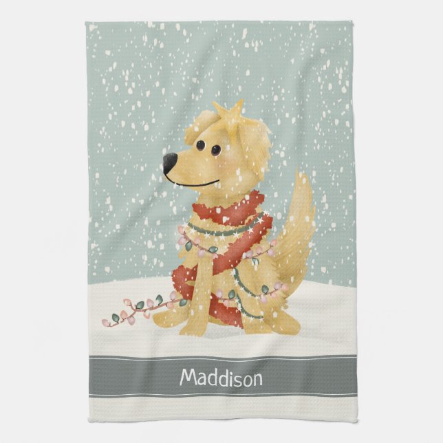 Cute Golden Retriever Christmas Family Holiday Kitchen Towel (Vertical)