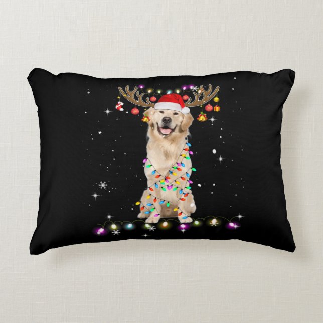 Cute Golden Retriever Christmas Lights Reindeer Accent Pillow (Front)
