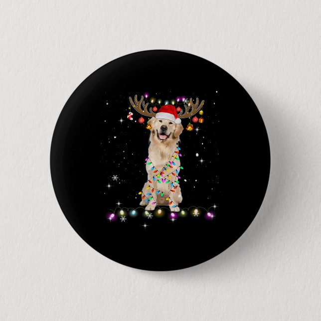 Cute Golden Retriever Christmas Lights Reindeer Button (Front)
