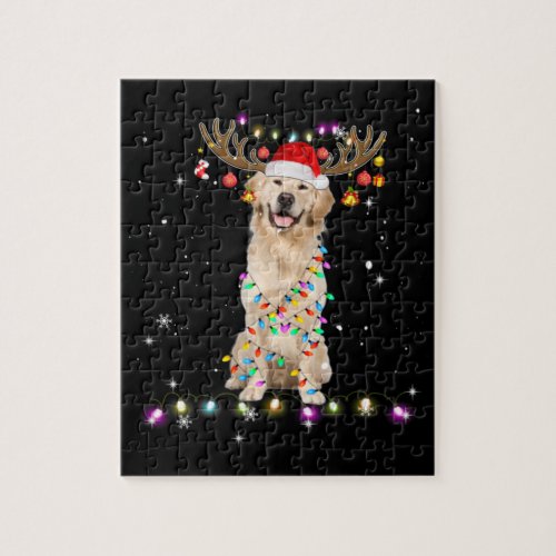 Cute Golden Retriever Christmas Lights Reindeer Jigsaw Puzzle