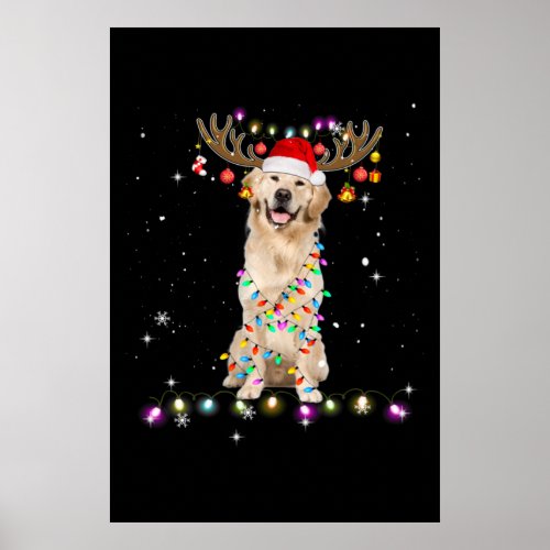 Cute Golden Retriever Christmas Lights Reindeer Poster