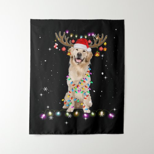 Cute Golden Retriever Christmas Lights Reindeer Tapestry
