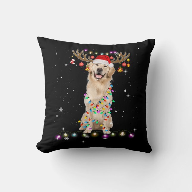 Cute Golden Retriever Christmas Lights Reindeer Throw Pillow (Front)