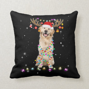 Cute Golden Retriever Christmas Lights Reindeer Throw Pillow