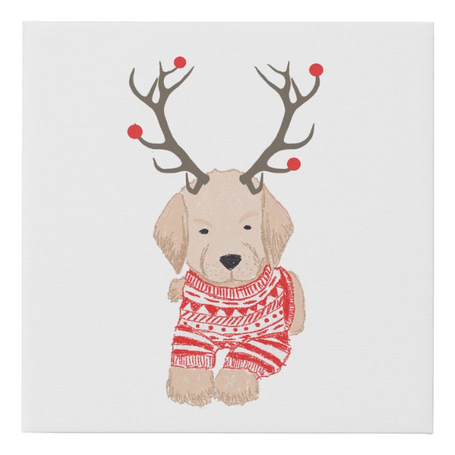 Cute Golden Retriever Christmas Sweater Antlers Faux Canvas Print (Front)