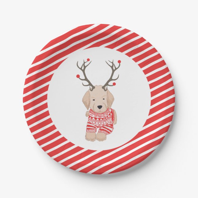 Cute Golden Retriever  Christmas Sweater Antlers Paper Plates (Front)