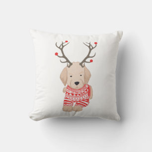 Cute Golden Retriever Christmas Sweater Antlers Throw Pillow