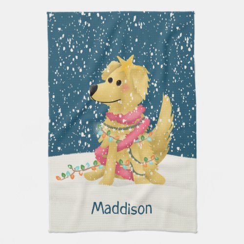 Cute Golden Retriever Christmas Winter Holiday Kitchen Towel