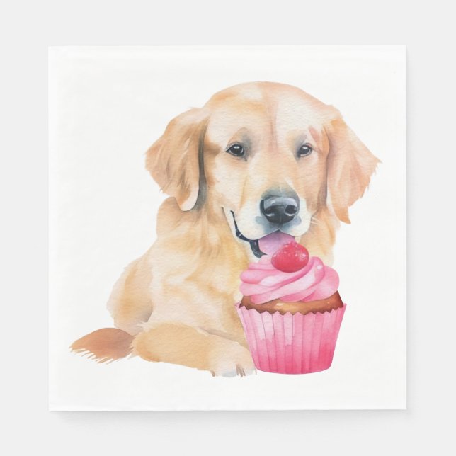 Cute Golden Retriever Cupcake Watercolor Puppy Dog Napkins (Front)