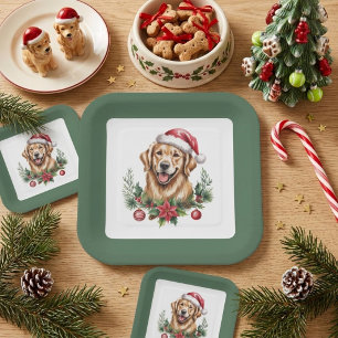 Cute Golden Retriever Dog Christmas Paper Plates