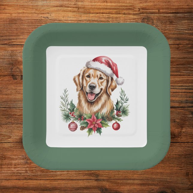 Cute Golden Retriever Dog Christmas Paper Plates (Creator Uploaded)