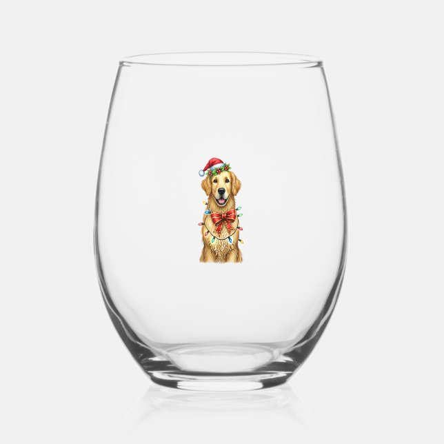 Cute Golden Retriever Dog Coquette Bow Christmas M Stemless Wine Glass (Front)