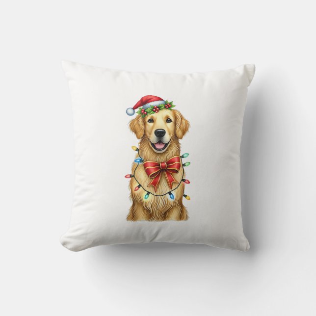 Cute Golden Retriever Dog Coquette Bow Christmas M Throw Pillow (Front)