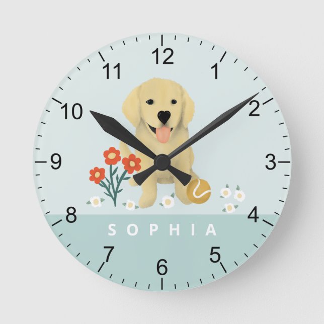 Cute Golden Retriever Dog Floral Round Clock (Front)