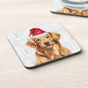 Cute Golden Retriever Dog in a Santa Hat Holiday Beverage Coaster