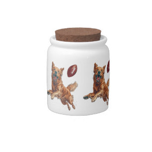 Cute Golden Retriever Dog Playing Football Candy Jar