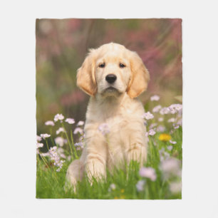 Cute Golden Retriever Dog Puppy in Flowers Fleece Blanket