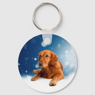 Cute Golden Retriever Dog Sitting in Snow Stars Keychain