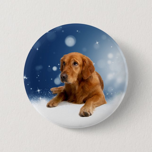 Cute Golden Retriever Dog Sitting in Snow Stars Pinback Button (Front)