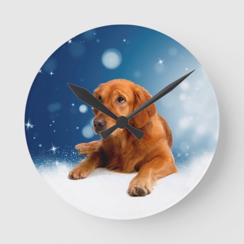 Cute Golden Retriever Dog Sitting in Snow Stars Round Clock