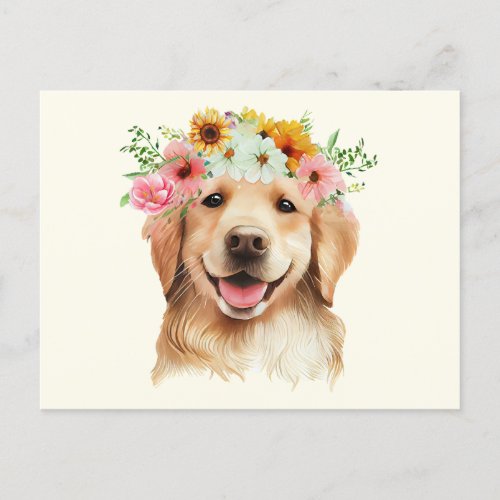 Cute Golden Retriever Dog with Flowers  Postcard