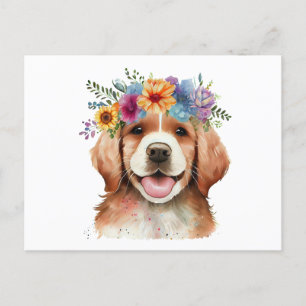 Cute Golden Retriever Dog with Flowers Postcard