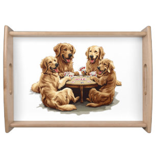 Cute Golden Retriever Dogs Playing Cards Serving Tray
