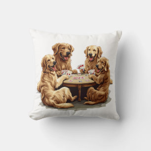 Cute Golden Retriever Dogs Playing Cards Throw Pillow