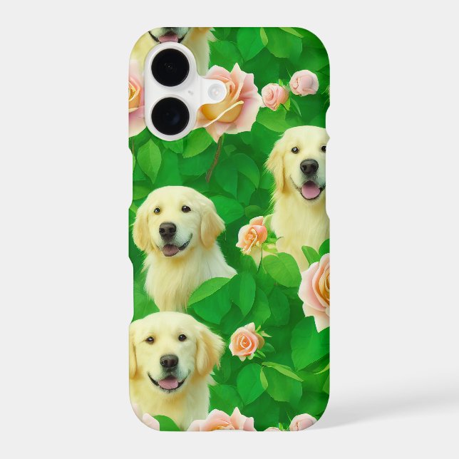 Cute Golden Retriever Enchanted Pink Rose Garden iPhone Case (Back)