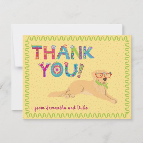 Cute Golden Retriever Fun Floral Letters    Thank You Card