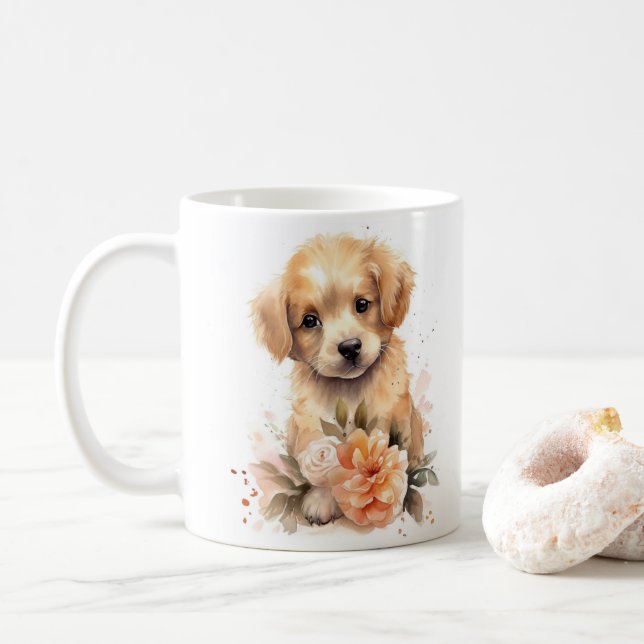 Cute Golden Retriever Gift Watercolor Puppy Dog Coffee Mug (With Donut)