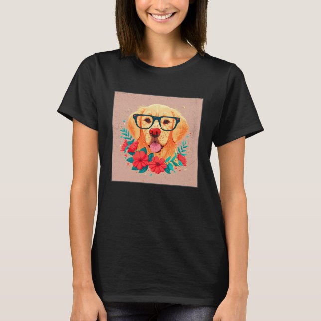 Cute Golden Retriever Illustration Floral Glasses  T-Shirt (Front)