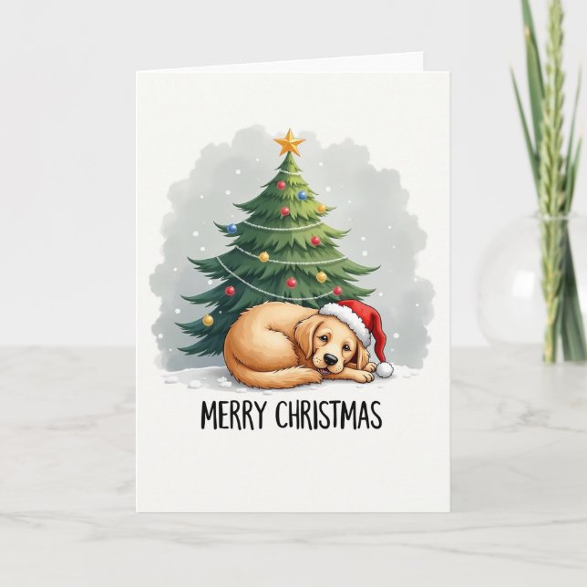 Cute Golden Retriever in Santa Hat Christmas Card (Front)