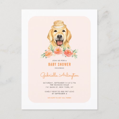 Cute Golden Retriever Peach Floral Baby Shower Invitation Postcard