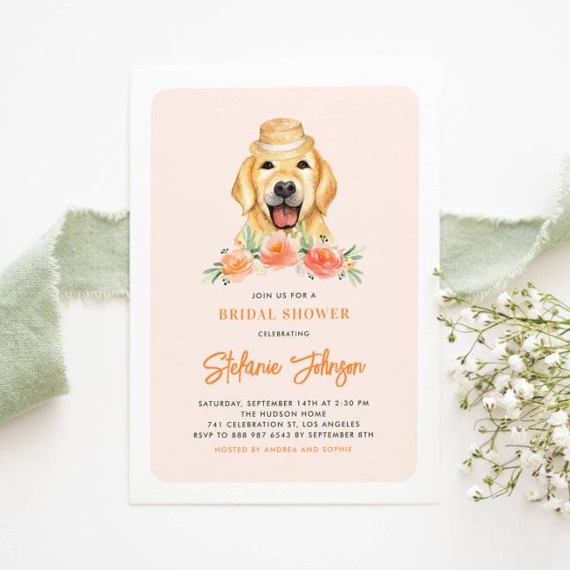 Cute Golden Retriever Peach Floral Bridal Shower Invitation