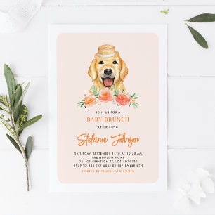 Cute Golden Retriever Peach Flowers Baby Brunch Invitation