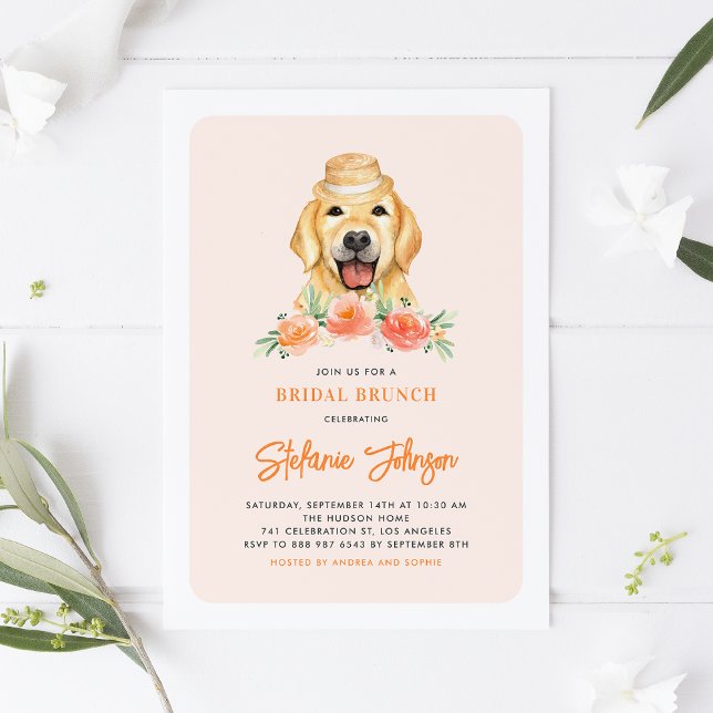 Cute Golden Retriever Peach Flowers Bridal Brunch Invitation (Creator Uploaded)