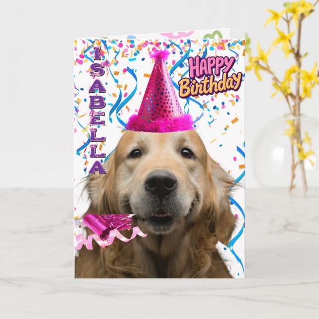 Cute Golden Retriever Personalized Happy Birthday Card (Yellow Flower)