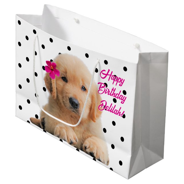 Cute Golden Retriever Personalized Happy Birthday Large Gift Bag (Front Angled)