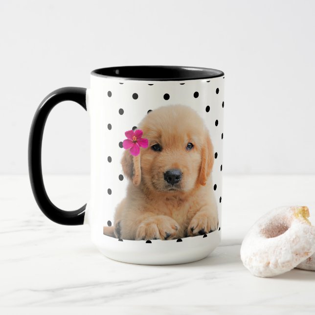 Cute Golden Retriever Personalized Pink Flower  Mug (With Donut)