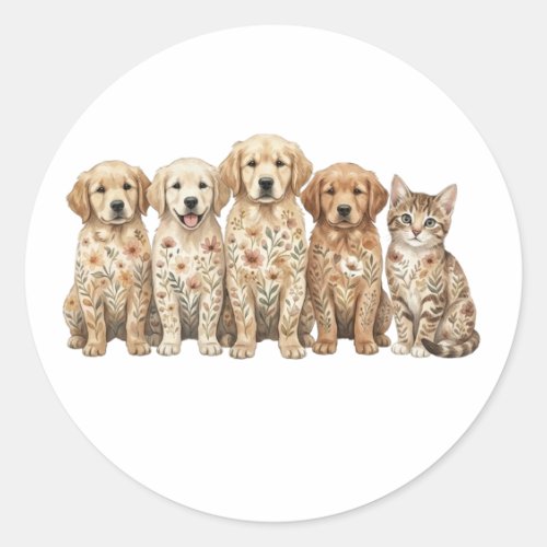 Cute Golden Retriever Puppies & Kitten Classic Round Sticker