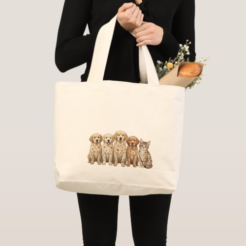 Cute Golden Retriever Puppies & Kitten Large Tote Bag