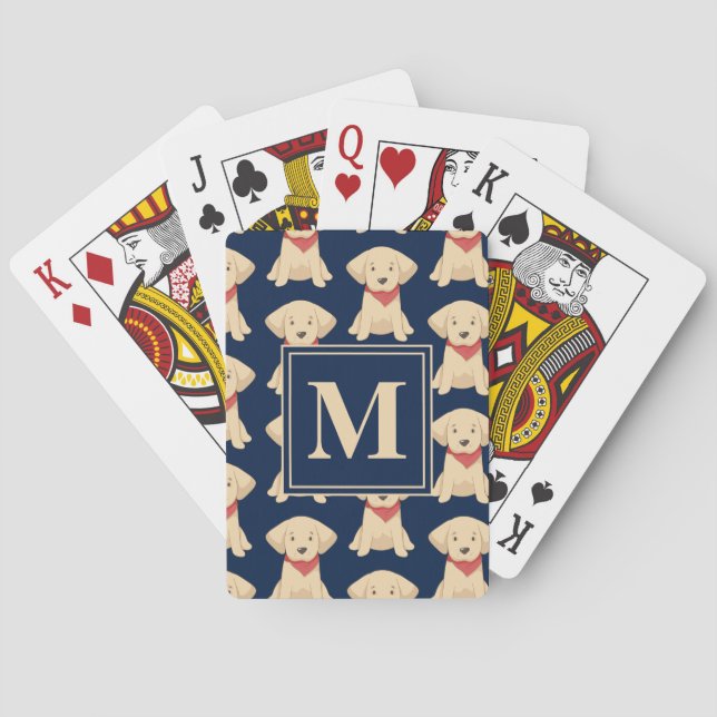 Cute Golden Retriever Puppies Navy Blue Monogram Poker Cards (Back)