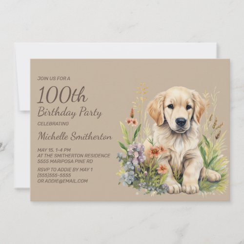 Cute Golden Retriever Puppy 100th Birthday Invitation